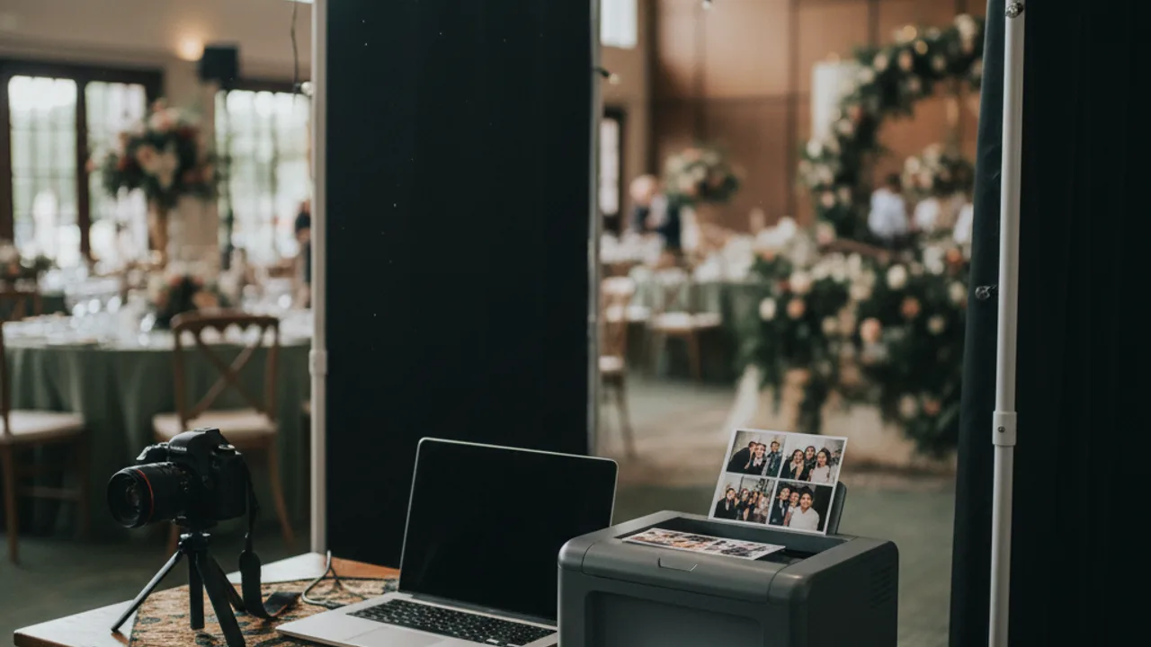 Tampilan antarmuka perangkat lunak photobooth yang berjalan di peramban web, menampilkan pengaturan kamera dan pilihan template.
